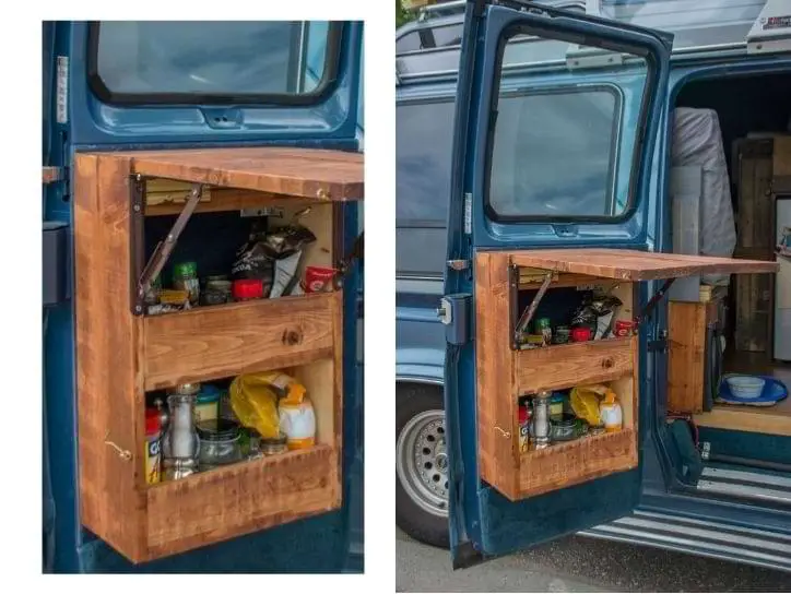 Campervan doors use for storage and kitchen items